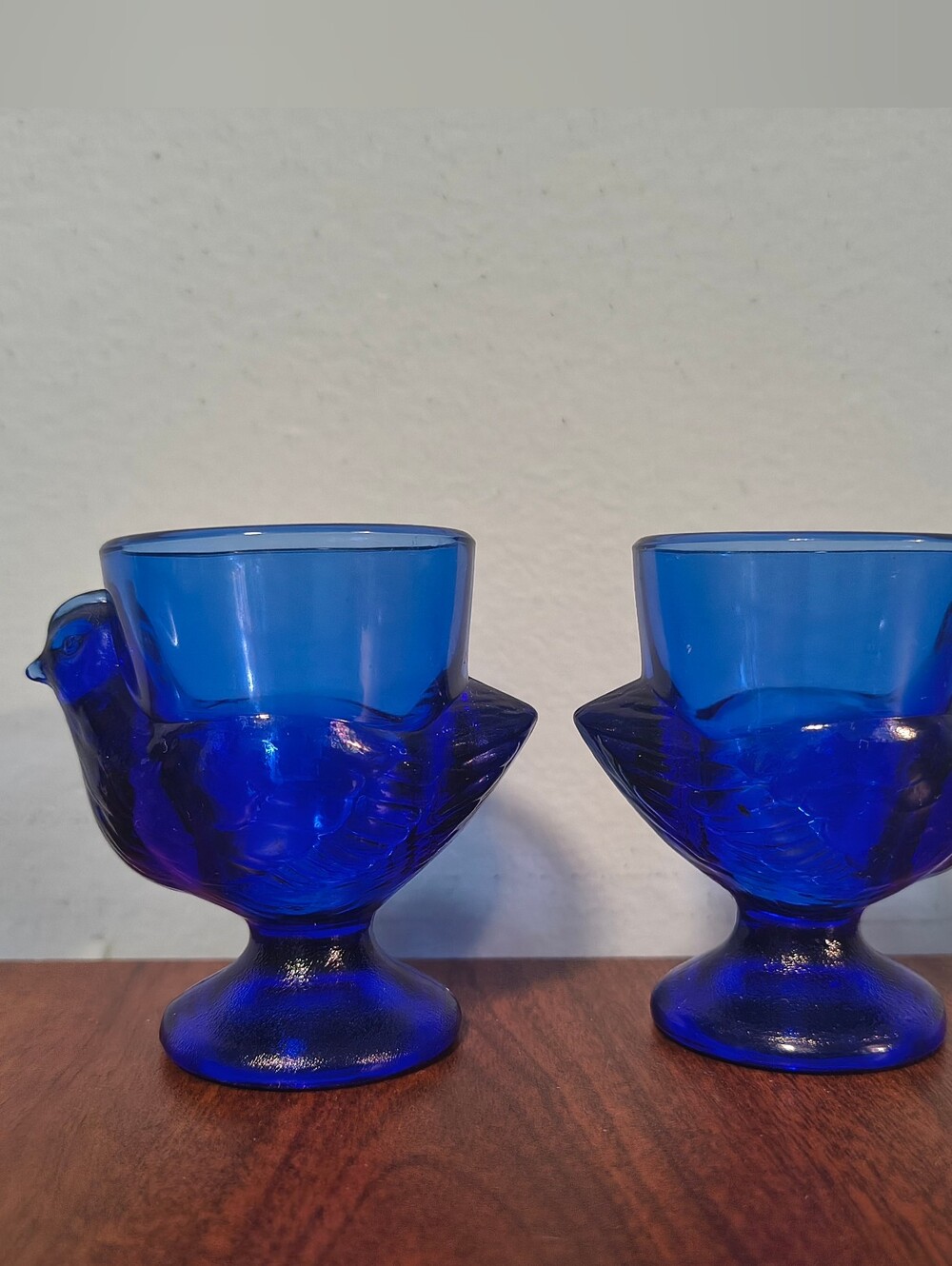 2 Vintage Cobalt Blue Glass France Chicken Hen Glass Egg Holder Cups